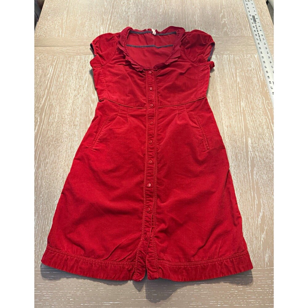 Anthropologie Maeve  Red Corduroy Button-Front Fit & Flare Cap Sleeve Dress 6